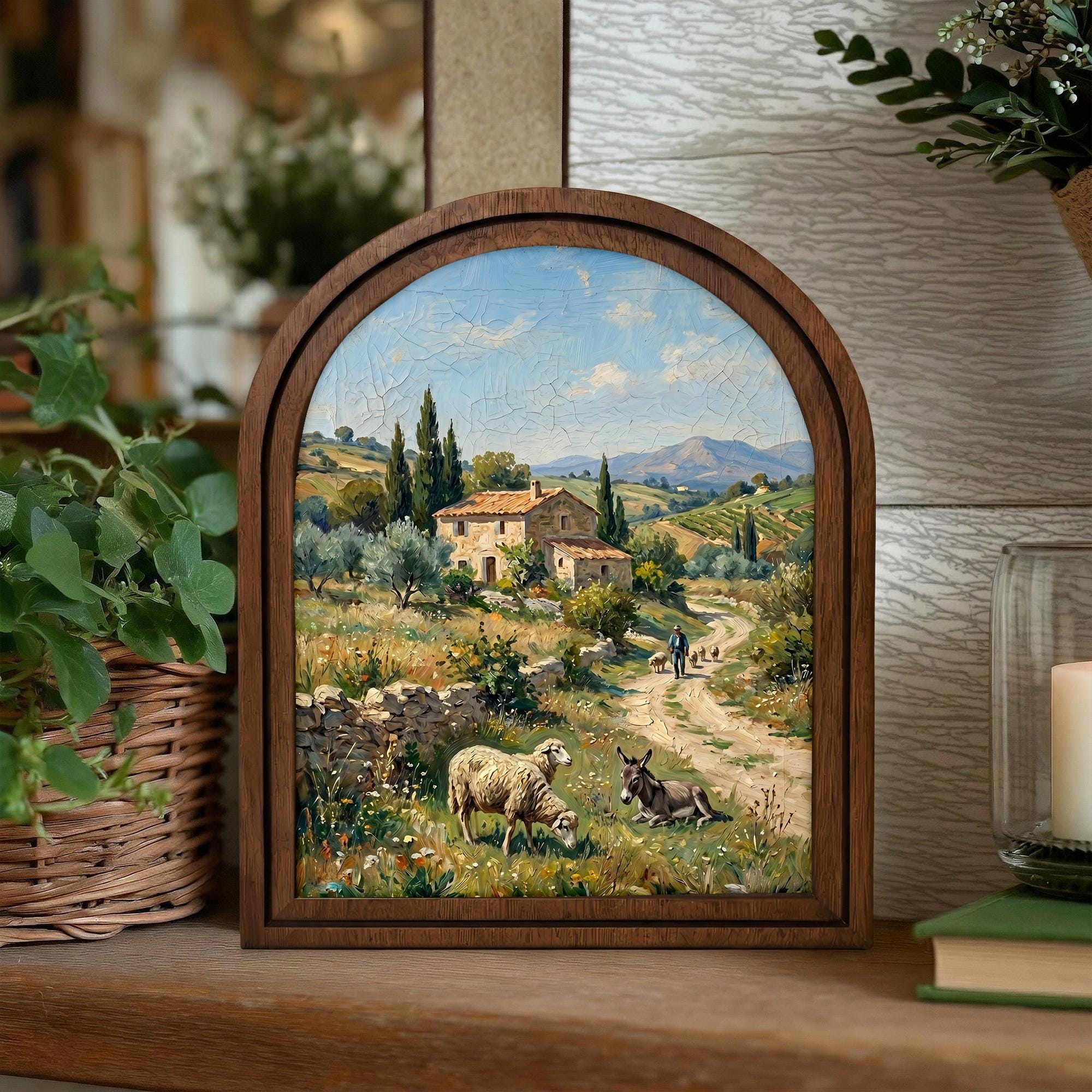 Tuscany Landscape, Countryside Art, Arched Wood Frame, Vintage Donkey Print, Sheep Oil Painting, Arched Picture Frame, European Farmhouse