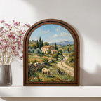 Tuscany Landscape, Countryside Art, Arched Wood Frame, Vintage Donkey Print, Sheep Oil Painting, Arched Picture Frame, European Farmhouse