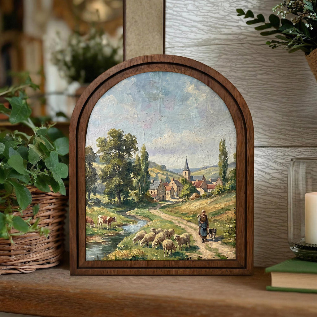 European Village Art, Country Landscape, Arched Wood Frame, Sheep Oil Painting, Pastoral Canvas Print, Arched Picture Frame, Vintage Decor