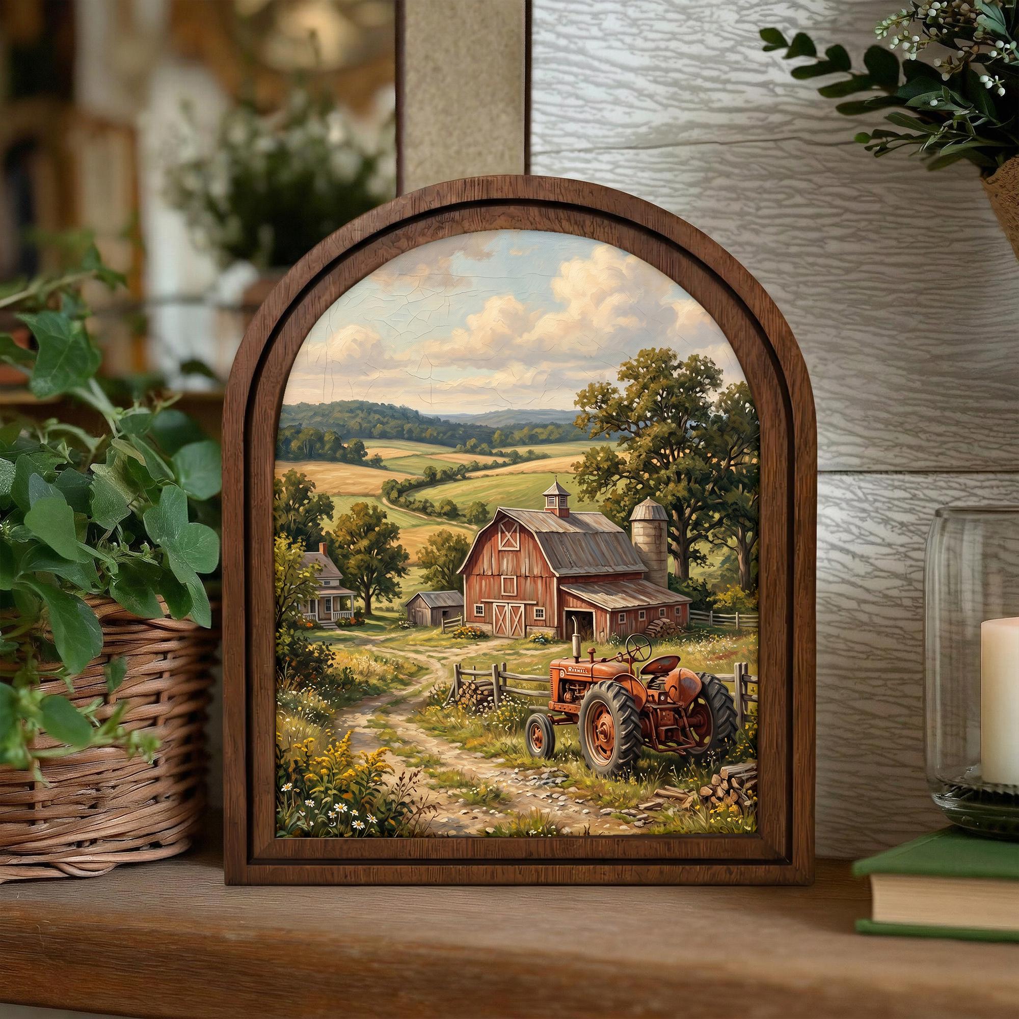 Red Tractor Painting, Farmhouse Wall Art, Arched Wood Frame, Red Barn Canvas Print, Country Landscape, Arched Picture Frame, Americana Decor