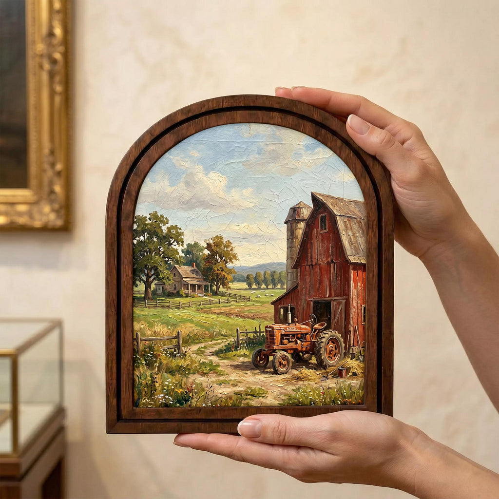 Red Tractor Painting, Farmhouse Wall Art, Arched Wood Frame, Red Barn Canvas Print, Country Landscape, Arched Picture Frame, Americana Decor