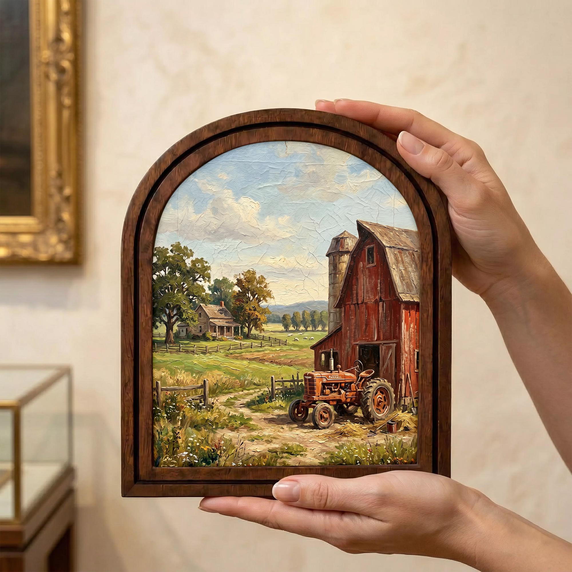 Red Tractor Painting, Farmhouse Wall Art, Arched Wood Frame, Red Barn Canvas Print, Country Landscape, Arched Picture Frame, Americana Decor