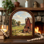 Red Tractor Painting, Farmhouse Wall Art, Arched Wood Frame, Red Barn Canvas Print, Country Landscape, Arched Picture Frame, Americana Decor