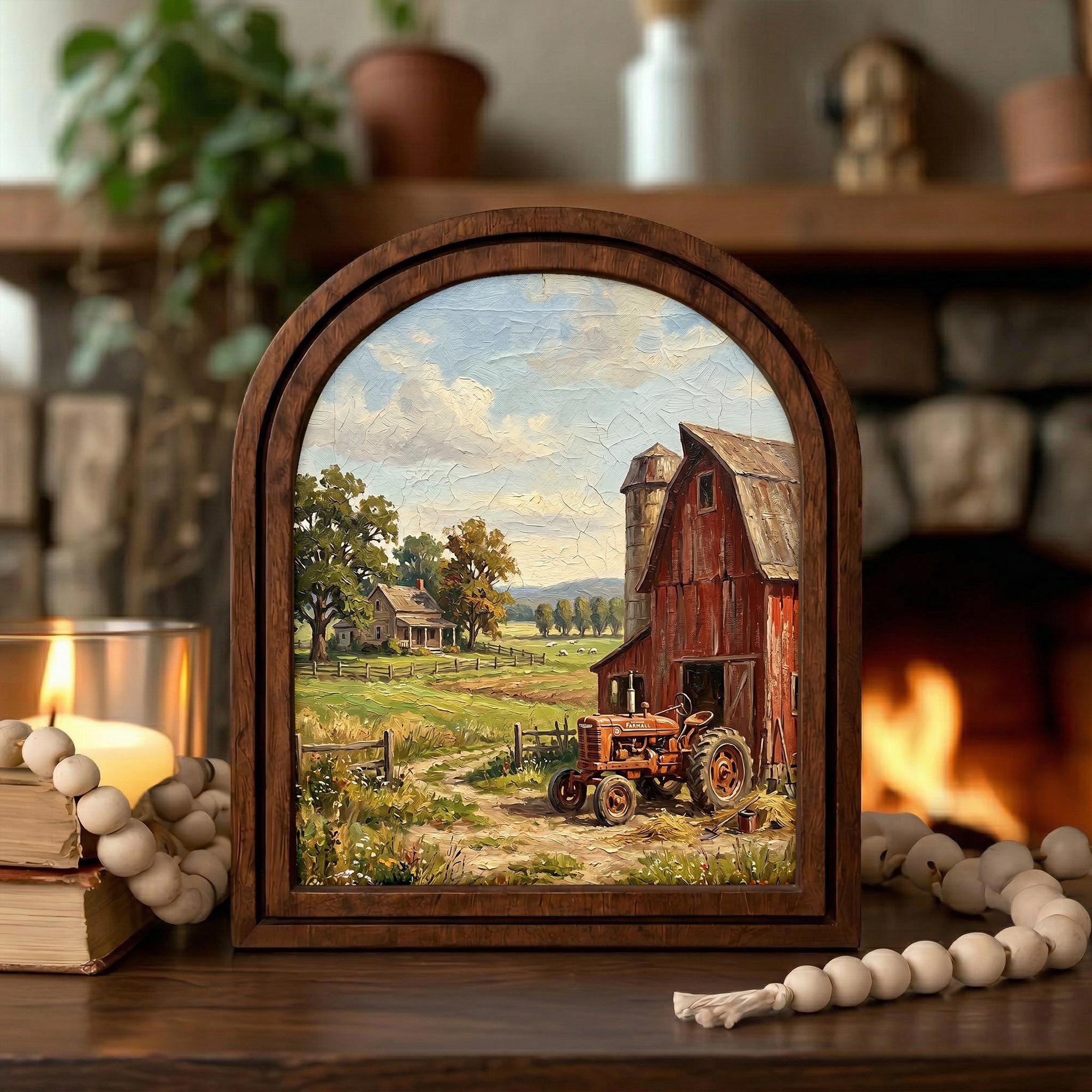 Red Tractor Painting, Farmhouse Wall Art, Arched Wood Frame, Red Barn Canvas Print, Country Landscape, Arched Picture Frame, Americana Decor