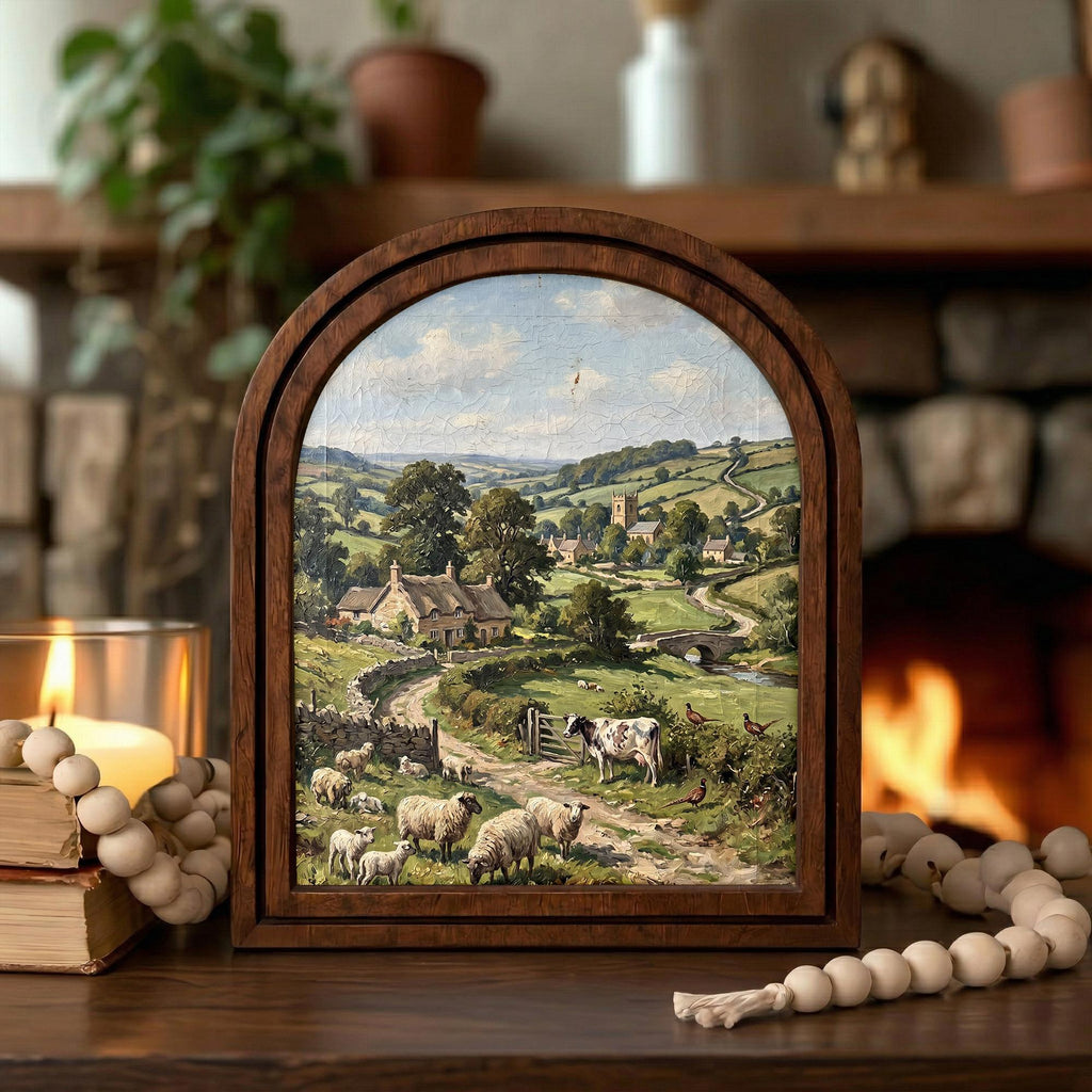 English Countryside, Farmhouse Wall Art, Arched Wood Frame, Vintage Cottage Print, Sheep Oil Painting, Arched Picture Frame, Pastoral Decor