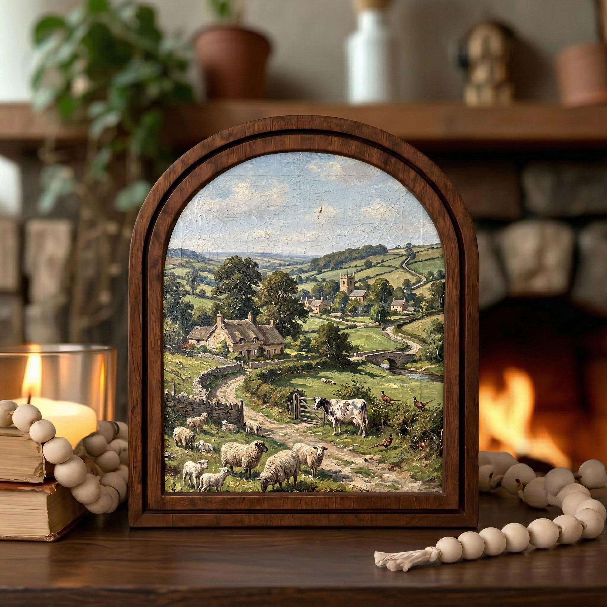 English Countryside, Farmhouse Wall Art, Arched Wood Frame, Vintage Cottage Print, Sheep Oil Painting, Arched Picture Frame, Pastoral Decor