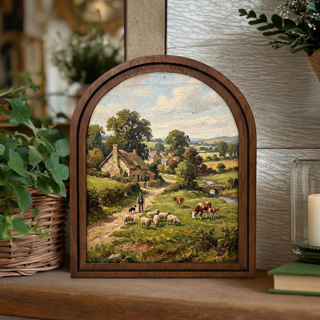 European Countryside, Farmhouse Wall Art, Arched Wood Frame, Sheep Oil Painting, Pastoral Canvas Print, Arched Picture Frame, Vintage Decor