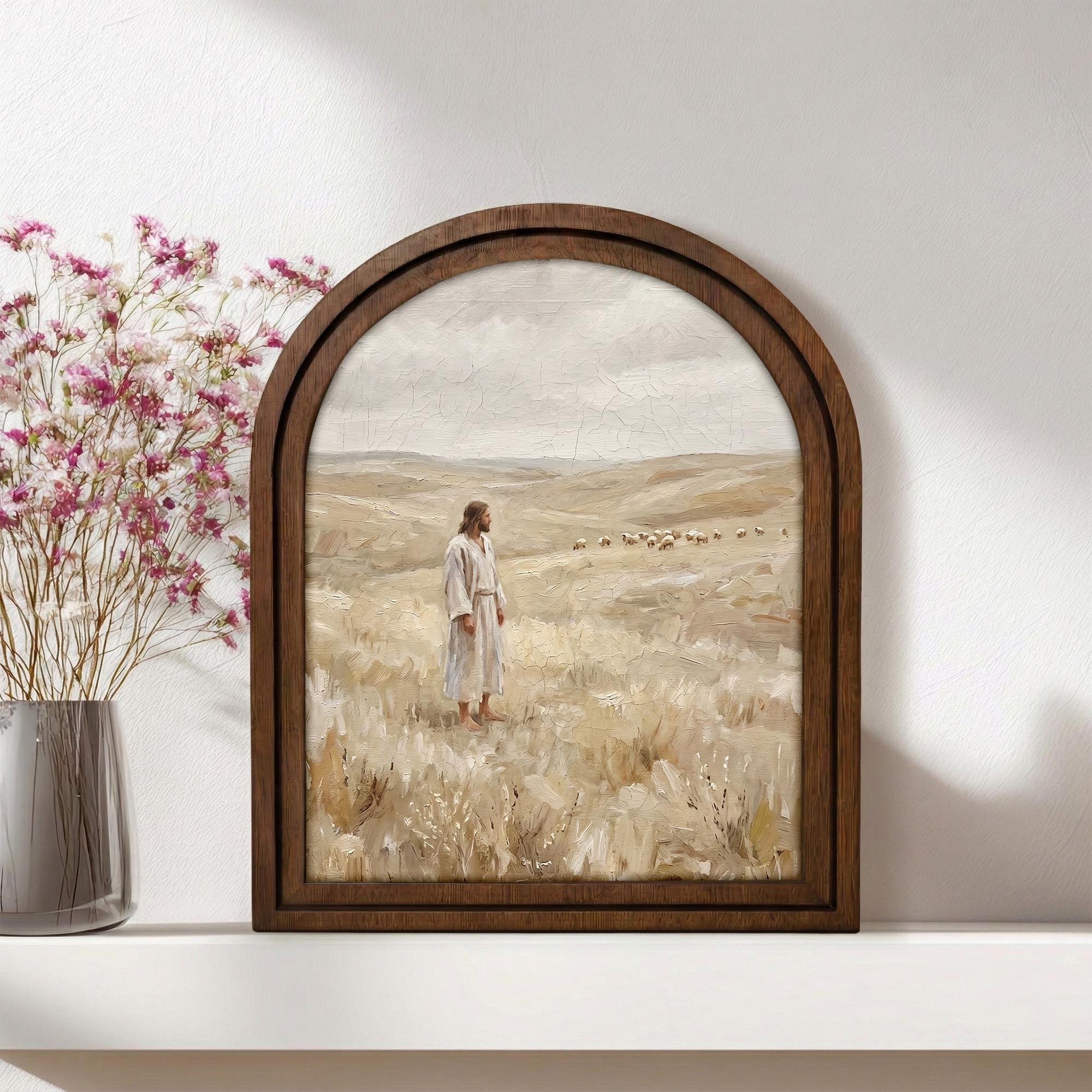 Good Shepherd Art, Jesus Painting, Arched Wood Frame, Christian Wall Decor, Christ Lamb Print, Religious Picture Frame, Catholic Home Gift