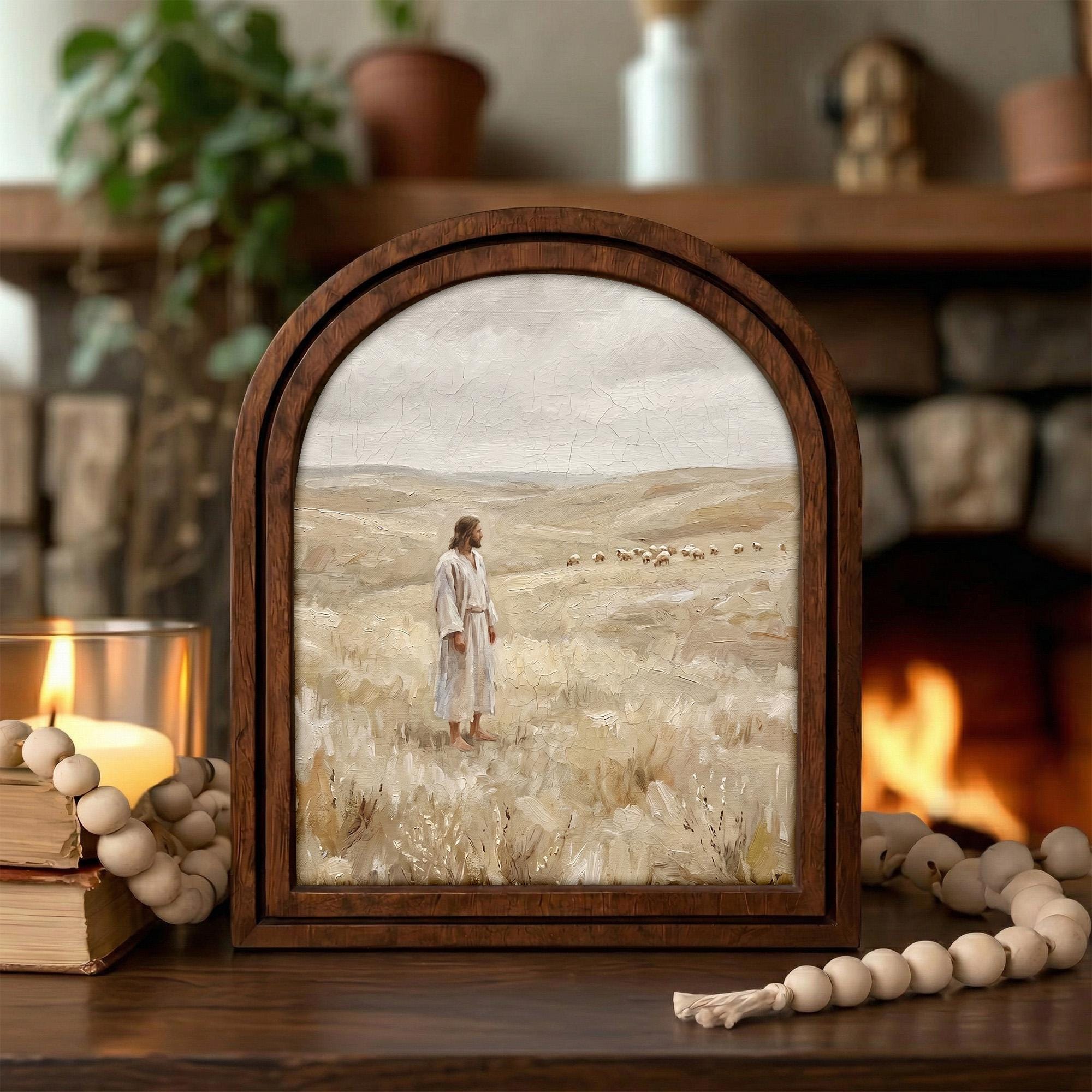 Good Shepherd Art, Jesus Painting, Arched Wood Frame, Christian Wall Decor, Christ Lamb Print, Religious Picture Frame, Catholic Home Gift
