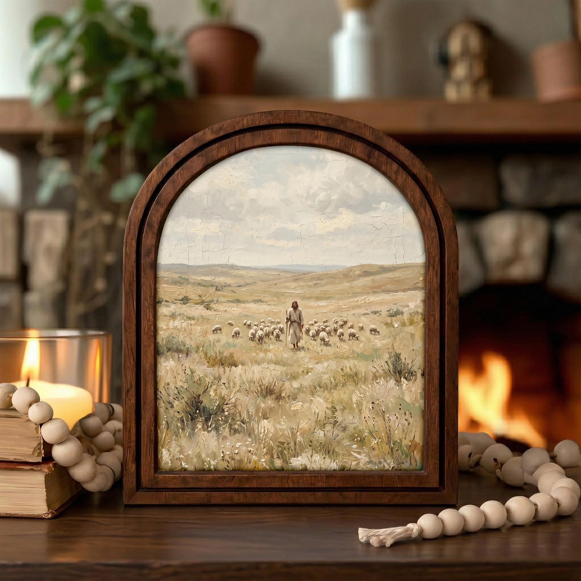 Good Shepherd Art, Jesus Painting, Arched Wood Frame, Christian Wall Decor, Christ Lamb Print, Religious Picture Frame, Catholic Home Gift