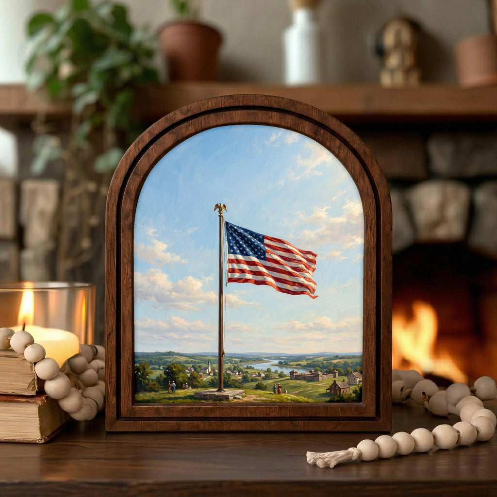 American Flag Print, Patriotic Wall Art, Arched Wood Frame, Americana Oil Painting, 4th of July Decor, Arched Picture Frame, Veteran Gift