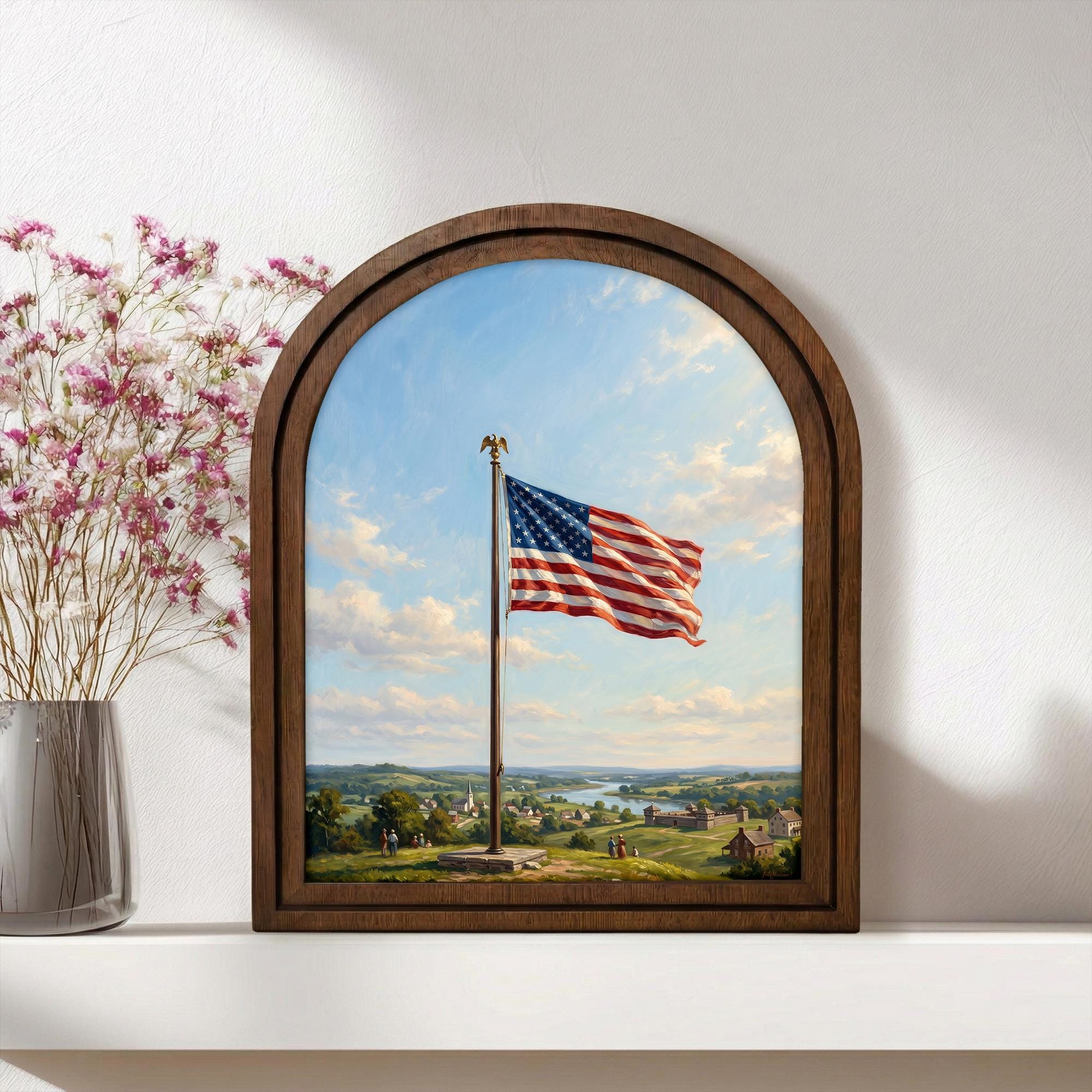 American Flag Print, Patriotic Wall Art, Arched Wood Frame, Americana Oil Painting, 4th of July Decor, Arched Picture Frame, Veteran Gift