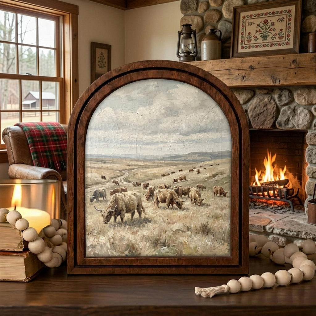 Arched Highland Cow Frame, Country Farmhouse Decor, Wooden Cattle Art, Rustic Wood Frame, Canvas Farm Art, 3D Layered Frame, Wall Hanging