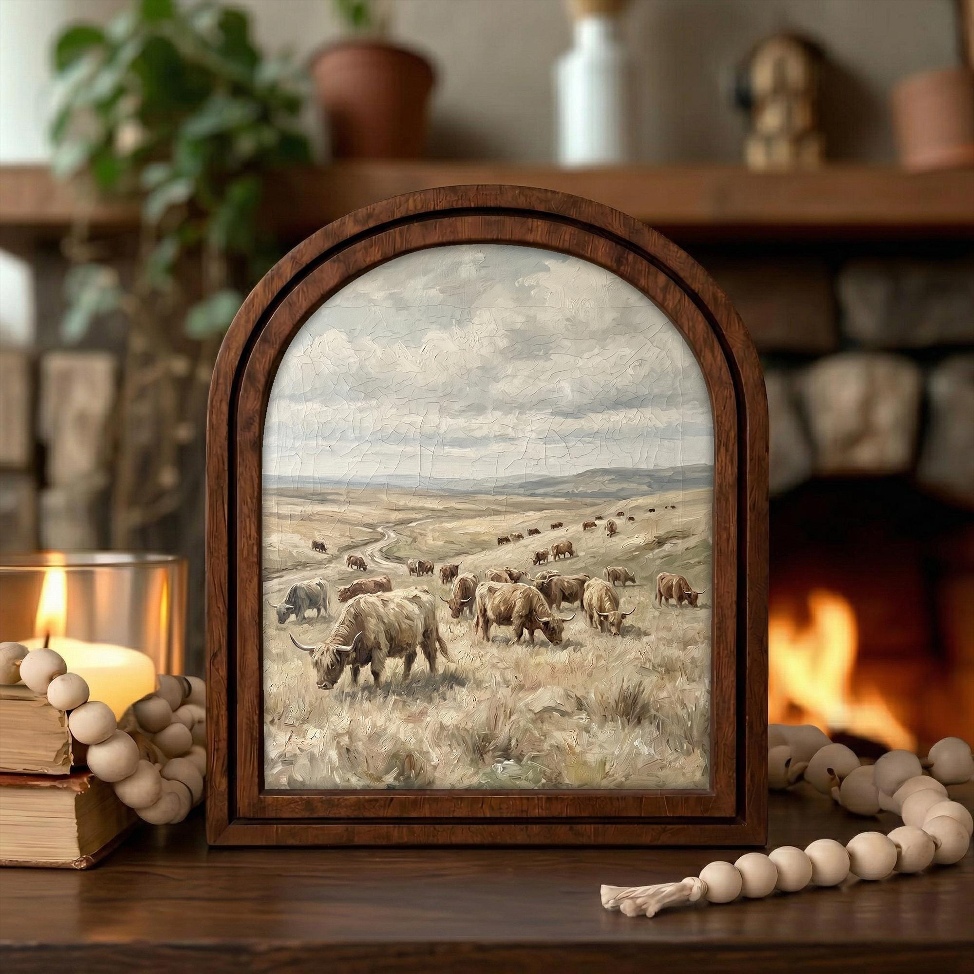 Arched Highland Cow Frame, Country Farmhouse Decor, Wooden Cattle Art, Rustic Wood Frame, Canvas Farm Art, 3D Layered Frame, Wall Hanging