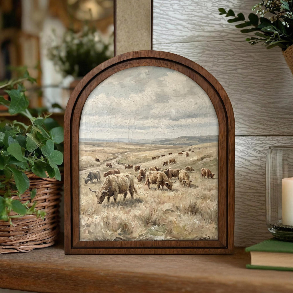 Arched Highland Cow Frame, Country Farmhouse Decor, Wooden Cattle Art, Rustic Wood Frame, Canvas Farm Art, 3D Layered Frame, Wall Hanging