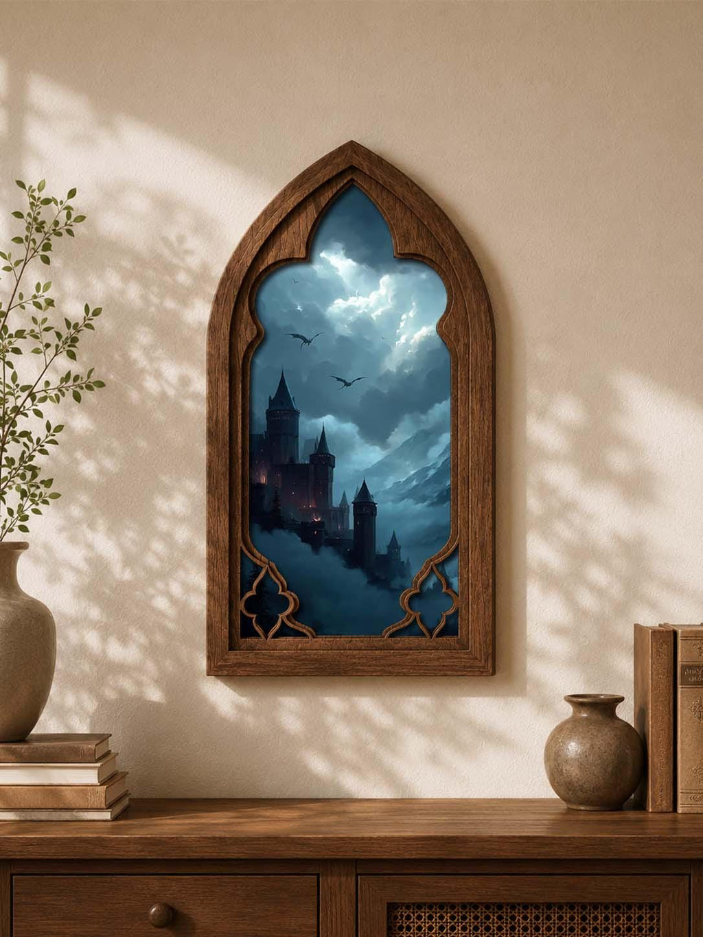 Dark Fantasy Castle Gothic Arch Wall Art, Dragon Kingdom Window Decor, Moody Medieval Fantasy Castle Artwork