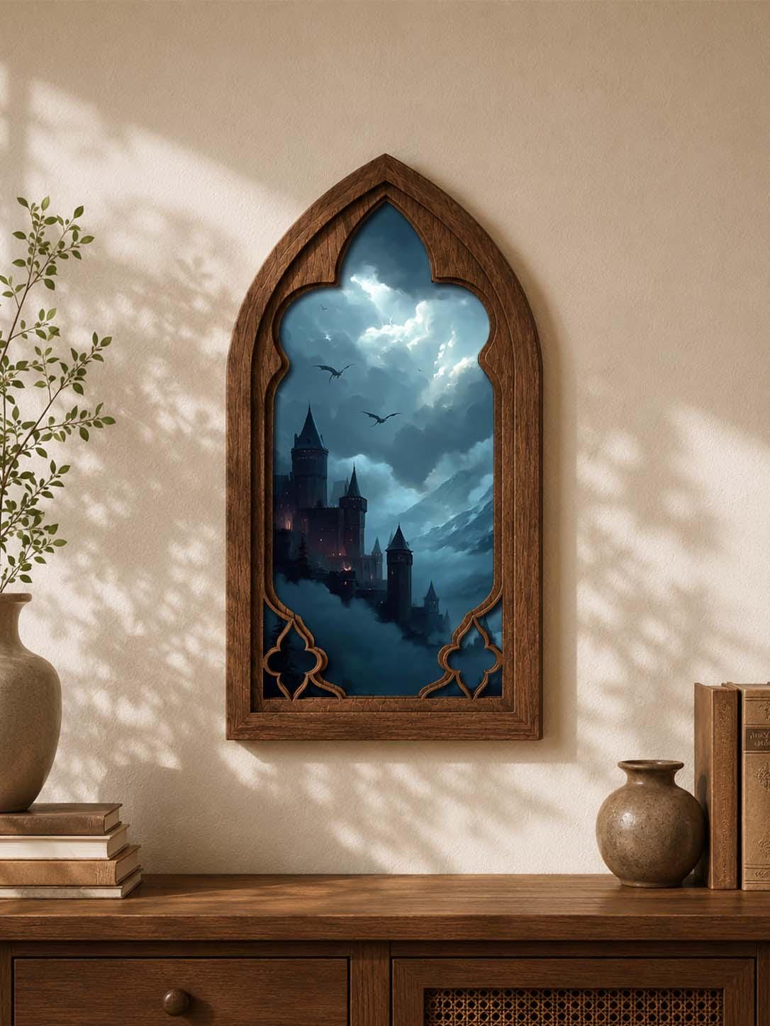 Dark Fantasy Castle Gothic Arch Wall Art, Dragon Kingdom Window Decor, Moody Medieval Fantasy Castle Artwork