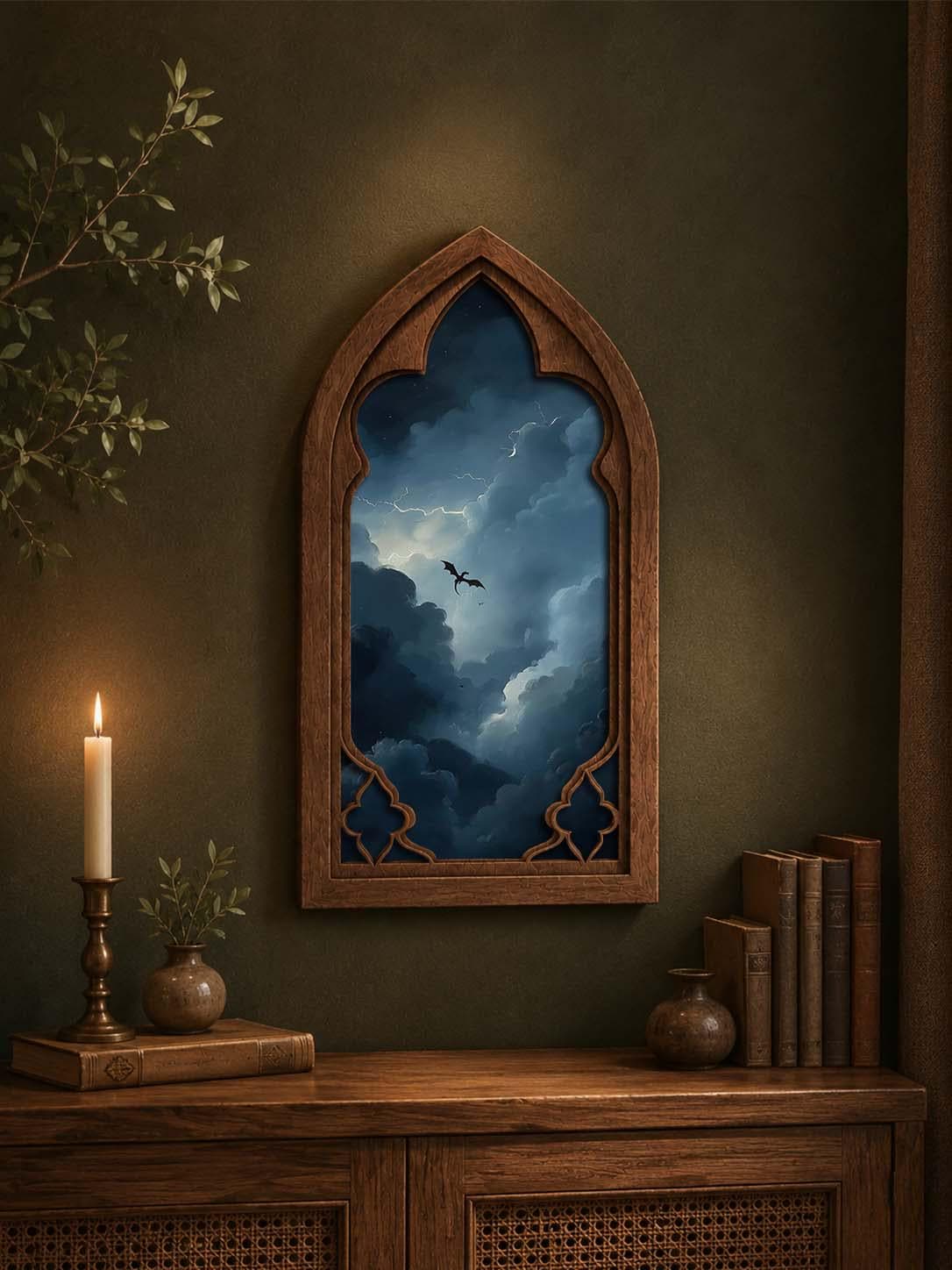 Storm Dragon Gothic Arch Wall Art, Dark Fantasy Sky Window Decor, Moody Dragon Cloudscape Artwork, Gothic Home Decor