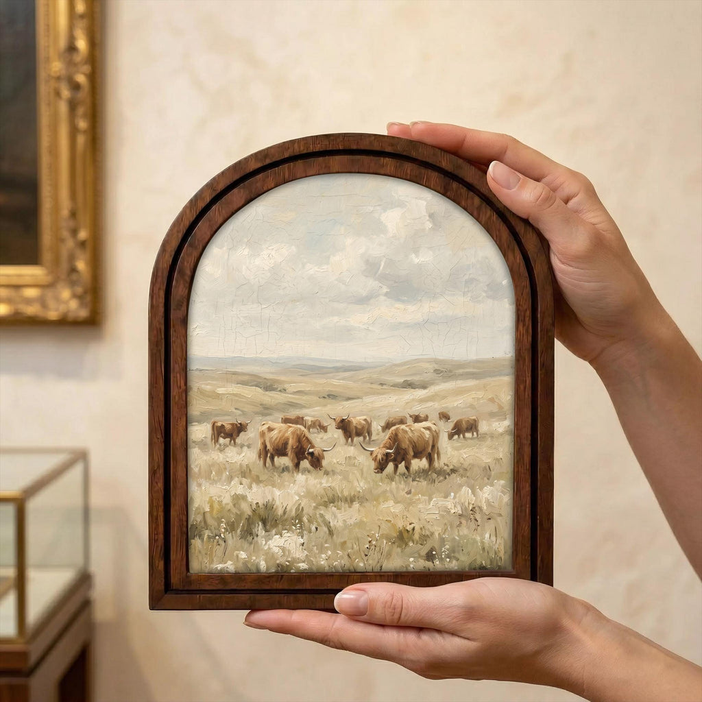 Arched Highland Cow Frame, Country Farmhouse Decor, Wooden Cattle Art, Rustic Wood Frame, Canvas Farm Art, 3D Layered Frame, Wall Hanging