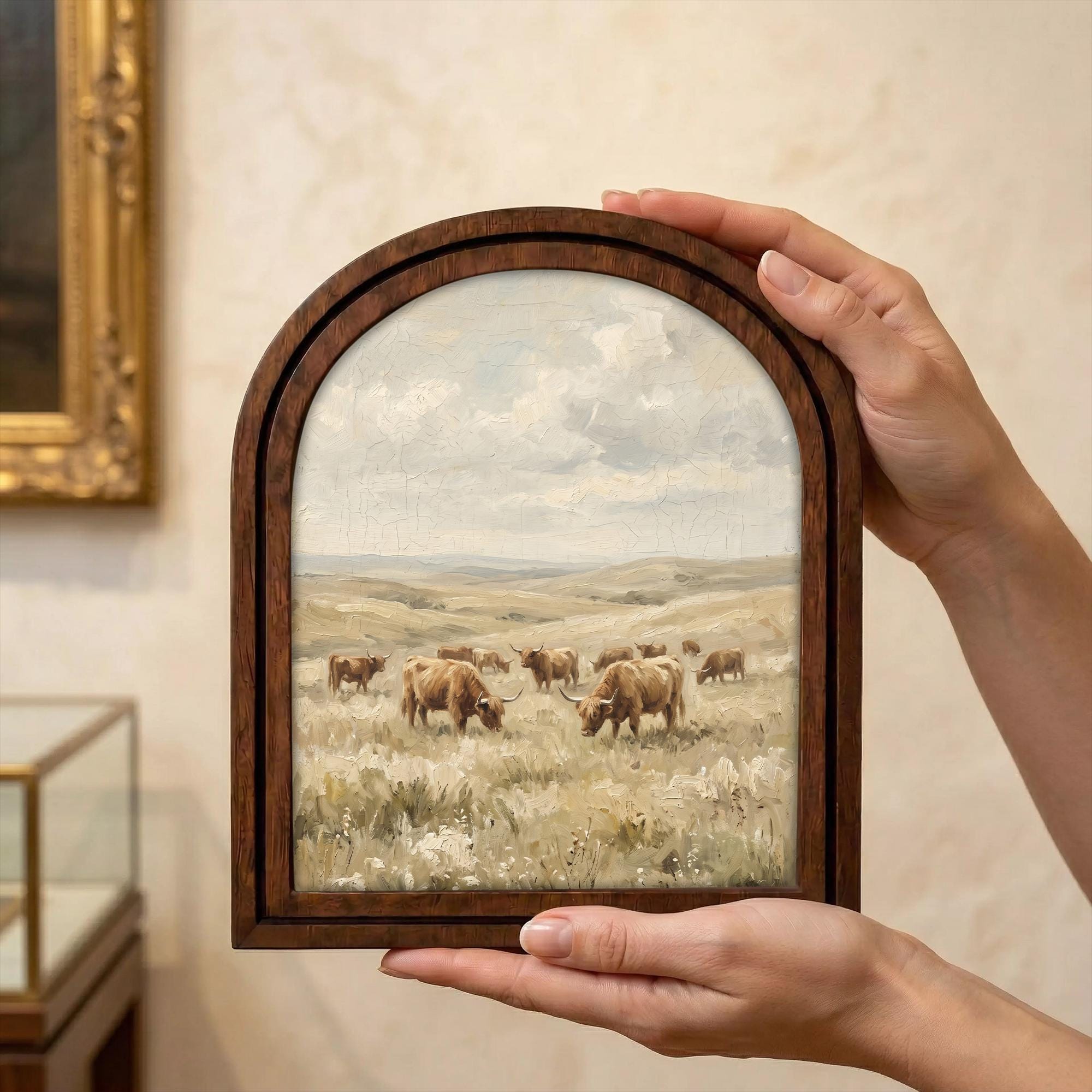 Arched Highland Cow Frame, Country Farmhouse Decor, Wooden Cattle Art, Rustic Wood Frame, Canvas Farm Art, 3D Layered Frame, Wall Hanging