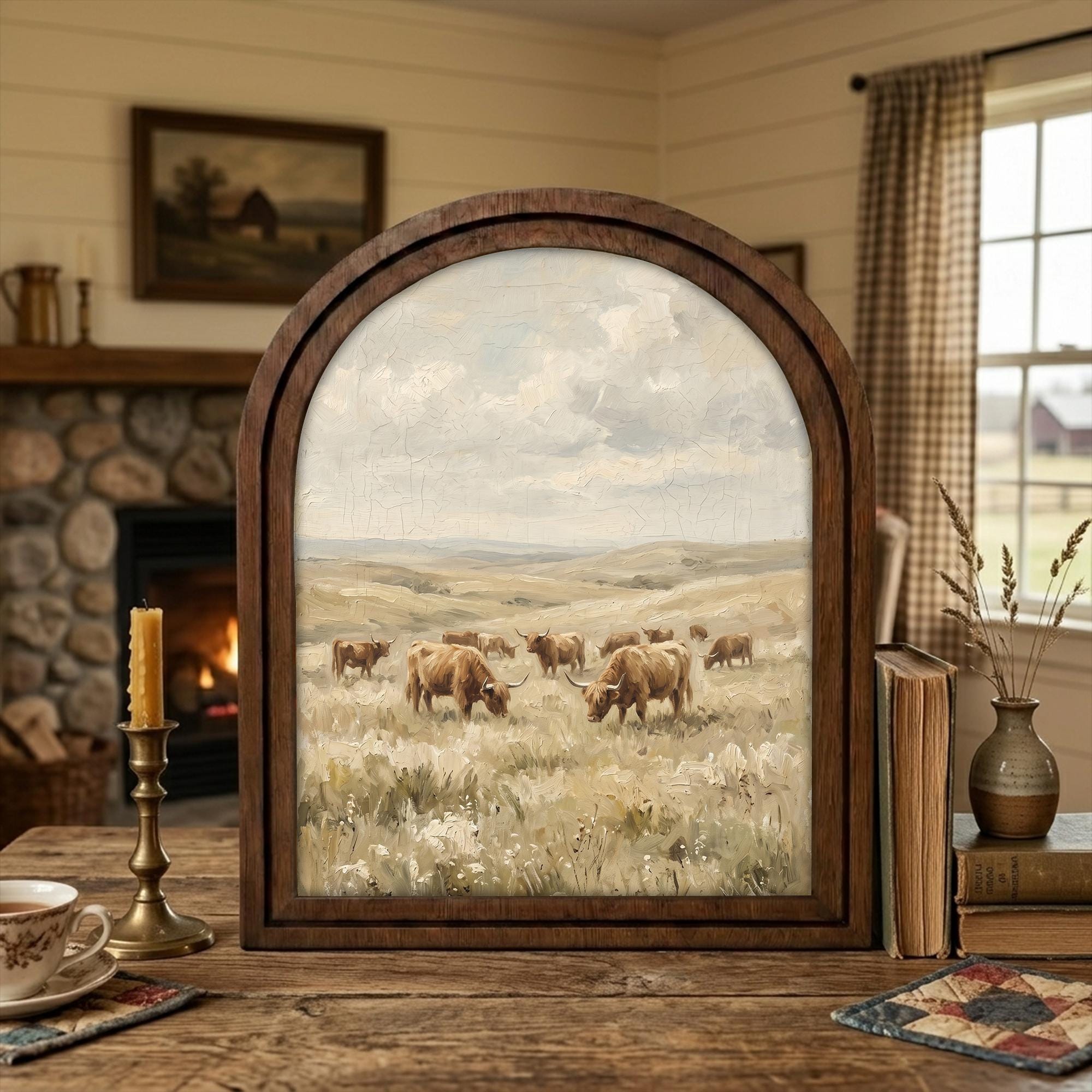 Arched Highland Cow Frame, Country Farmhouse Decor, Wooden Cattle Art, Rustic Wood Frame, Canvas Farm Art, 3D Layered Frame, Wall Hanging