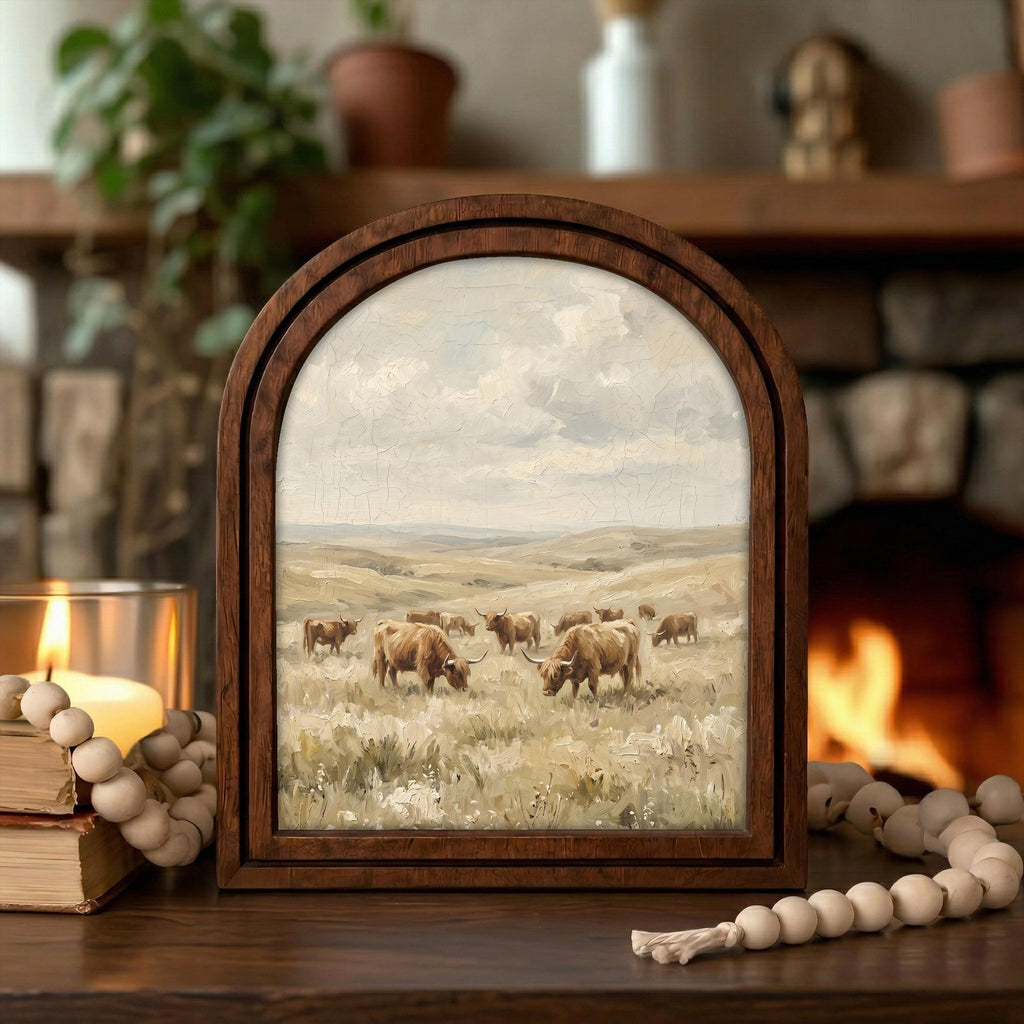Arched Highland Cow Frame, Country Farmhouse Decor, Wooden Cattle Art, Rustic Wood Frame, Canvas Farm Art, 3D Layered Frame, Wall Hanging
