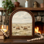 Arched Highland Cow Frame, Country Farmhouse Decor, Wooden Cattle Art, Rustic Wood Frame, Canvas Farm Art, 3D Layered Frame, Wall Hanging