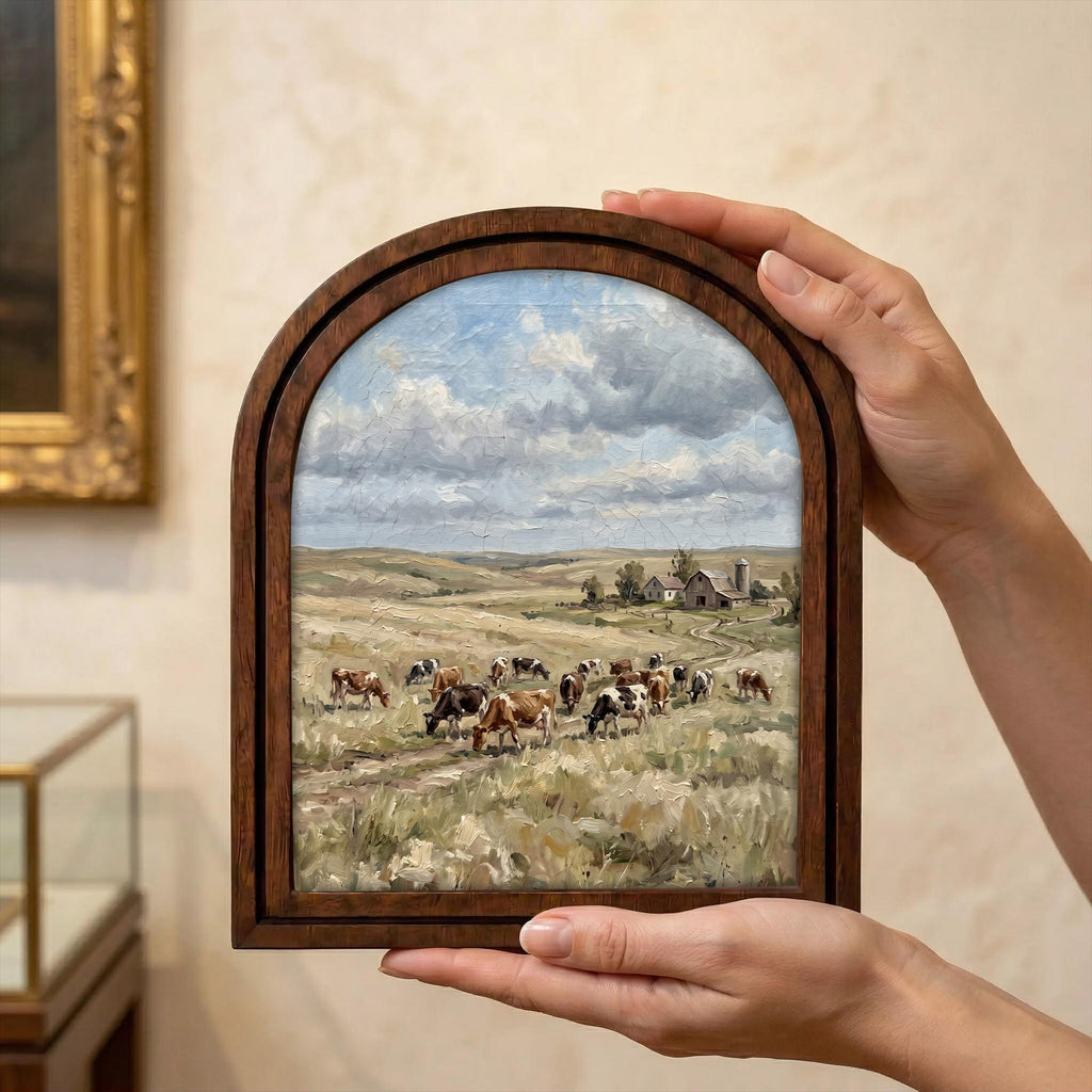Arched Cow Farm Frame, Country Farmhouse Decor, Wooden Dairy Cow Art, Rustic Wood Frame, Canvas Farm Art, 3D Layered Frame, Wall Hanging