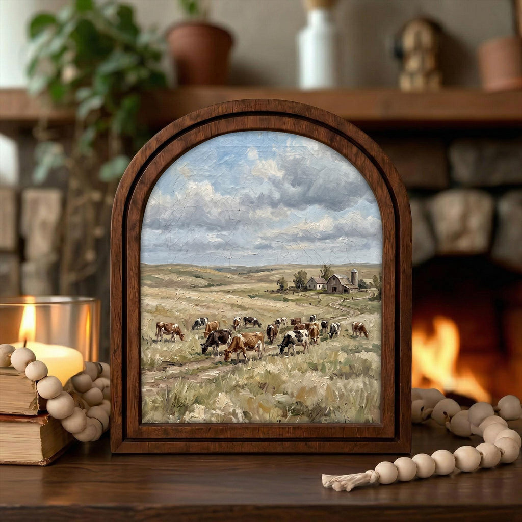 Arched Cow Farm Frame, Country Farmhouse Decor, Wooden Dairy Cow Art, Rustic Wood Frame, Canvas Farm Art, 3D Layered Frame, Wall Hanging
