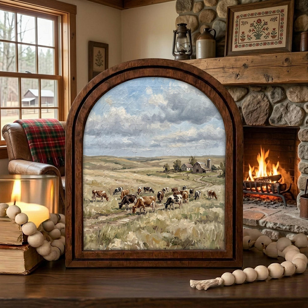 Arched Cow Farm Frame, Country Farmhouse Decor, Wooden Dairy Cow Art, Rustic Wood Frame, Canvas Farm Art, 3D Layered Frame, Wall Hanging