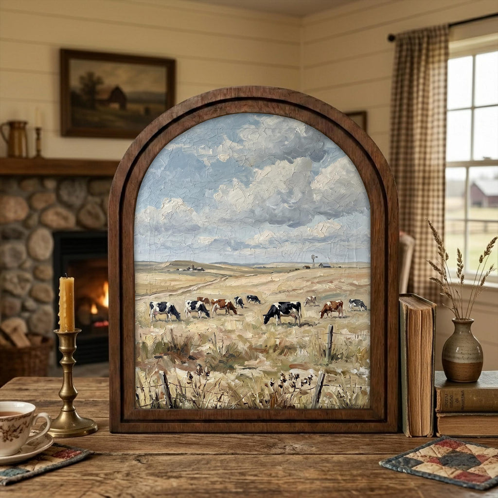 Arched Cow Field Frame, Country Farmhouse Decor, Holstein Cow Art, Rustic Wood Frame, Canvas Farm Art, 3D Layered Frame, Wall Hanging Art