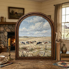 Arched Cow Field Frame, Country Farmhouse Decor, Holstein Cow Art, Rustic Wood Frame, Canvas Farm Art, 3D Layered Frame, Wall Hanging Art