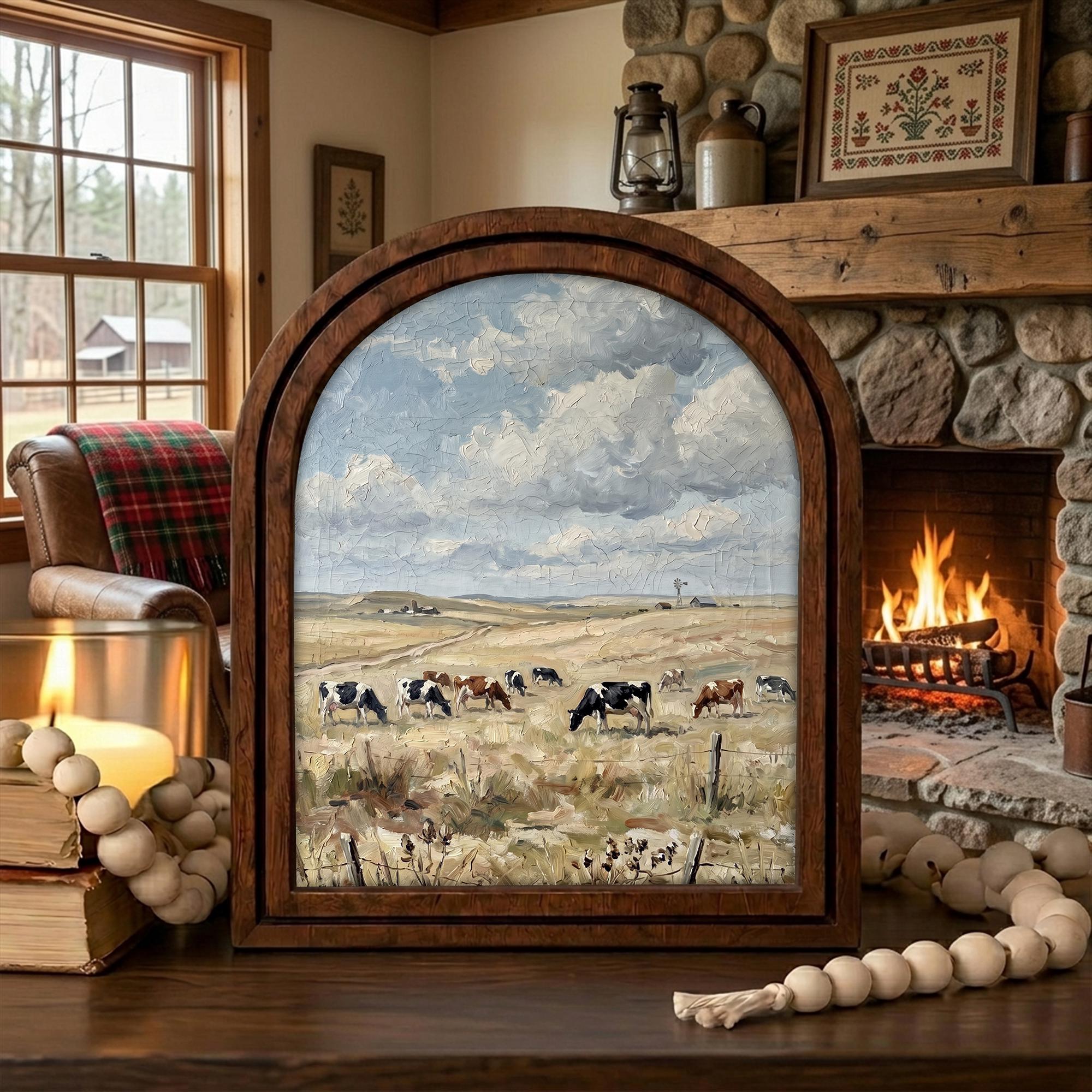 Arched Cow Field Frame, Country Farmhouse Decor, Holstein Cow Art, Rustic Wood Frame, Canvas Farm Art, 3D Layered Frame, Wall Hanging Art