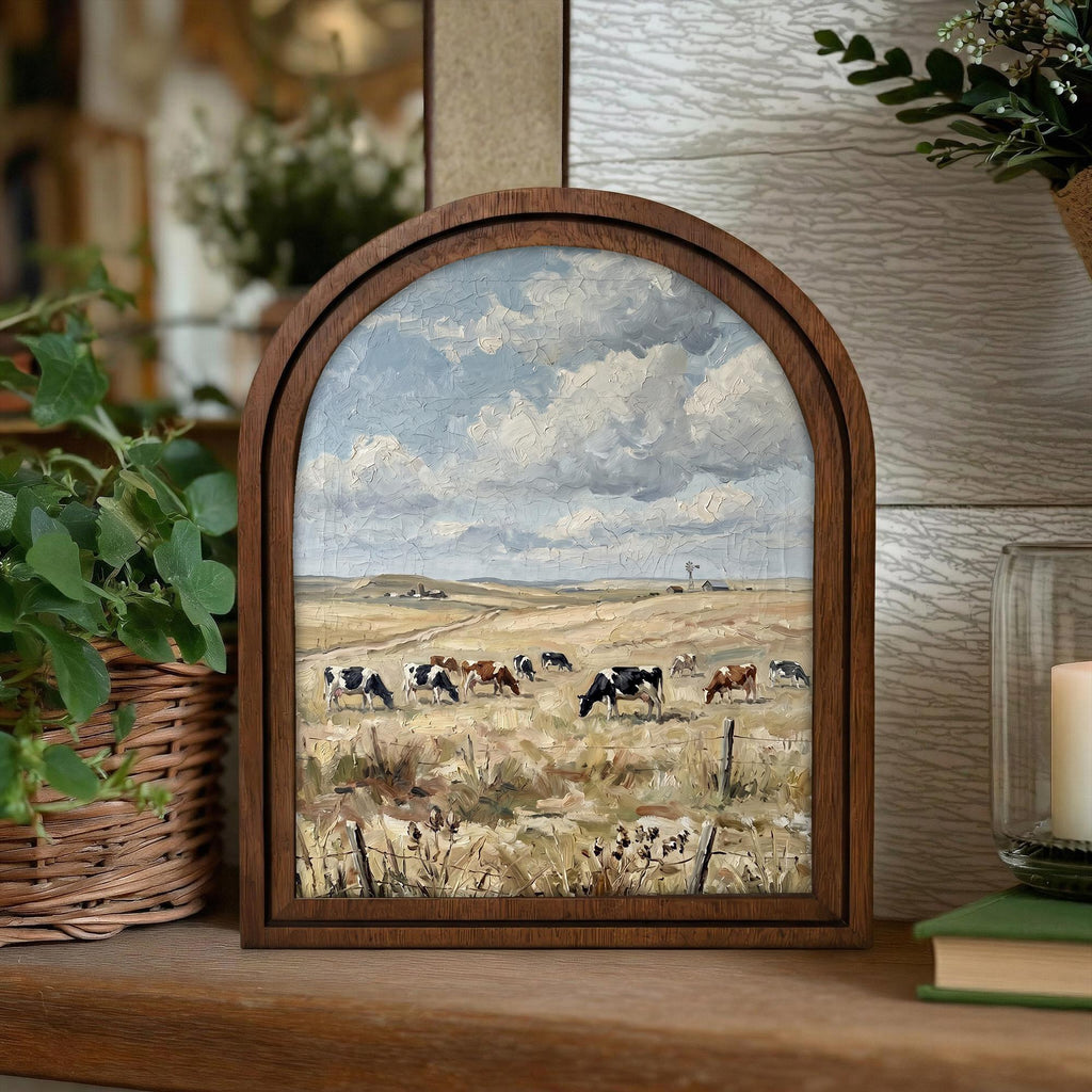 Arched Cow Field Frame, Country Farmhouse Decor, Holstein Cow Art, Rustic Wood Frame, Canvas Farm Art, 3D Layered Frame, Wall Hanging Art