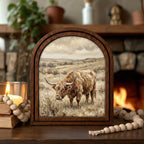 Arched Highland Cow Frame, Country Farmhouse Decor, Wooden Cattle Art, Rustic Wood Frame, Canvas Farm Art, 3D Layered Frame, Cow Lover Gift