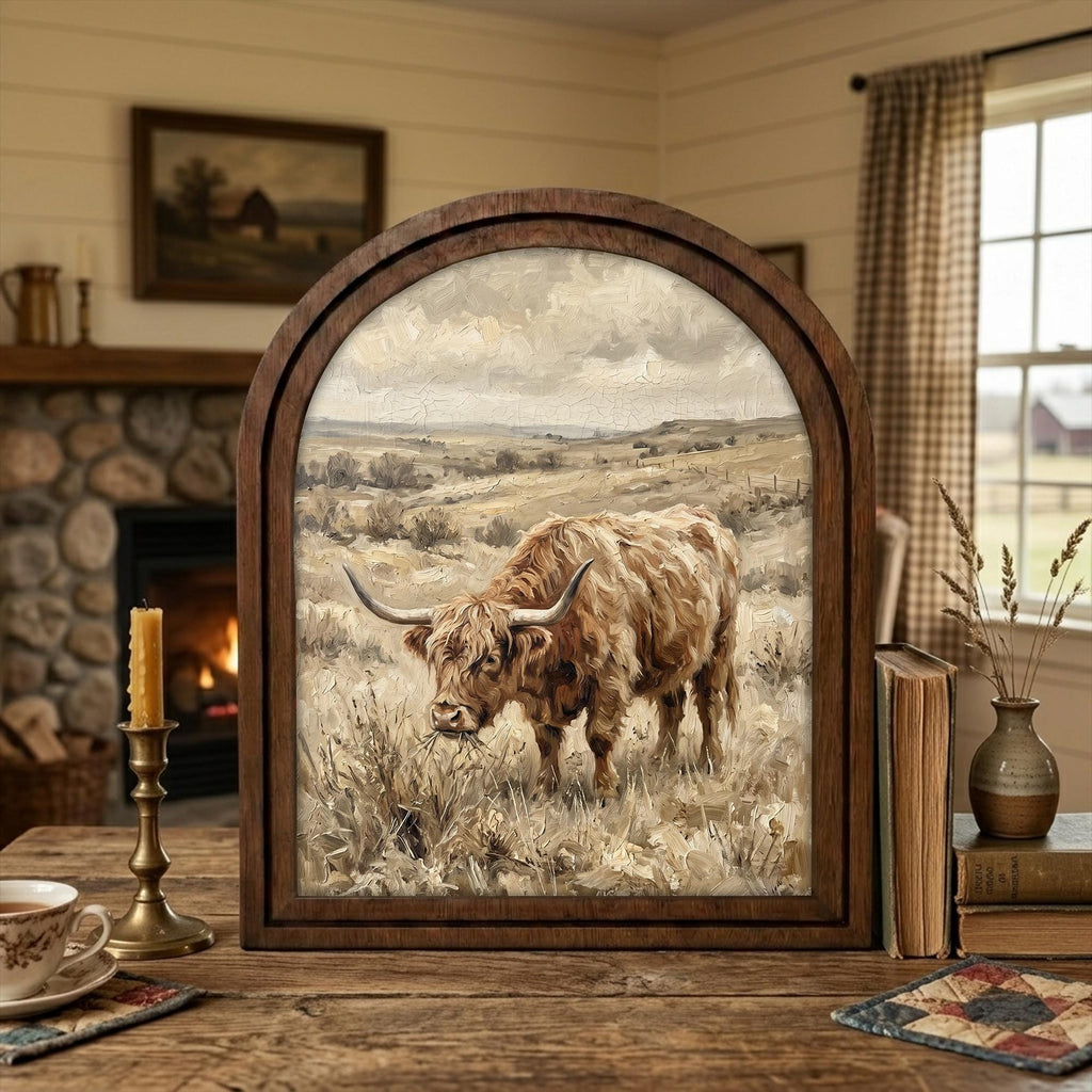 Arched Highland Cow Frame, Country Farmhouse Decor, Wooden Cattle Art, Rustic Wood Frame, Canvas Farm Art, 3D Layered Frame, Cow Lover Gift