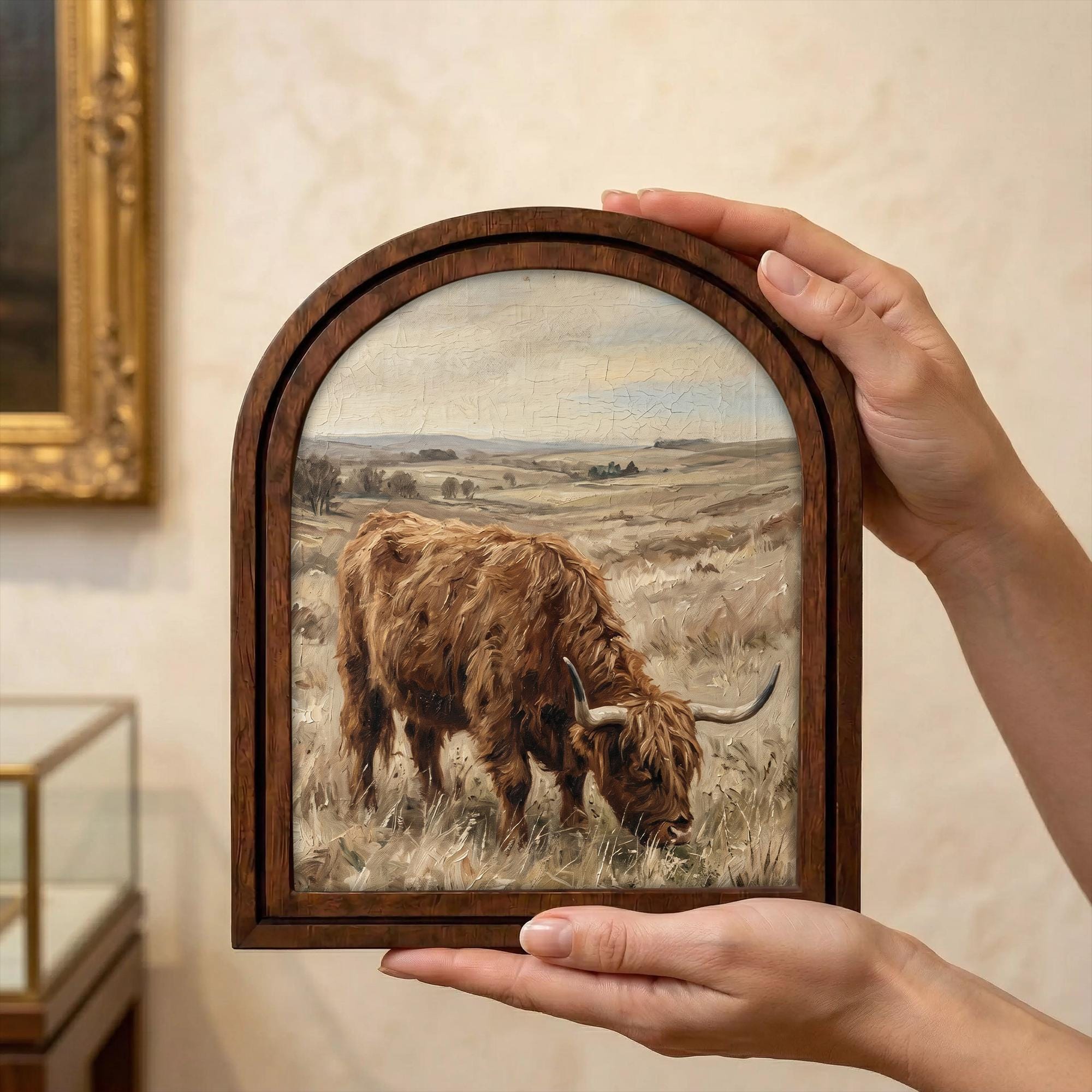 Arched Highland Cow Frame, Country Farmhouse Decor, Wooden Cattle Art, Rustic Wood Frame, Canvas Farm Art, 3D Layered Frame, Cow Lover Gift
