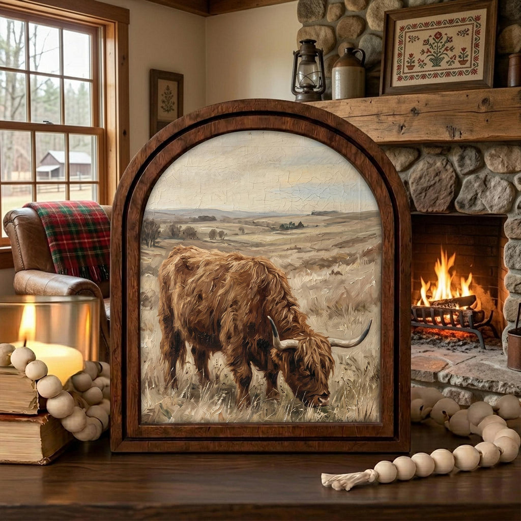Arched Highland Cow Frame, Country Farmhouse Decor, Wooden Cattle Art, Rustic Wood Frame, Canvas Farm Art, 3D Layered Frame, Cow Lover Gift