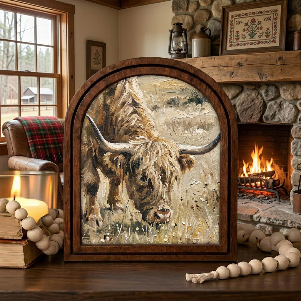 Arched Highland Cow Frame, Country Farmhouse Decor, Wooden Cattle Art, Rustic Wood Frame, Canvas Farm Art, 3D Layered Frame, Cow Lover Gift