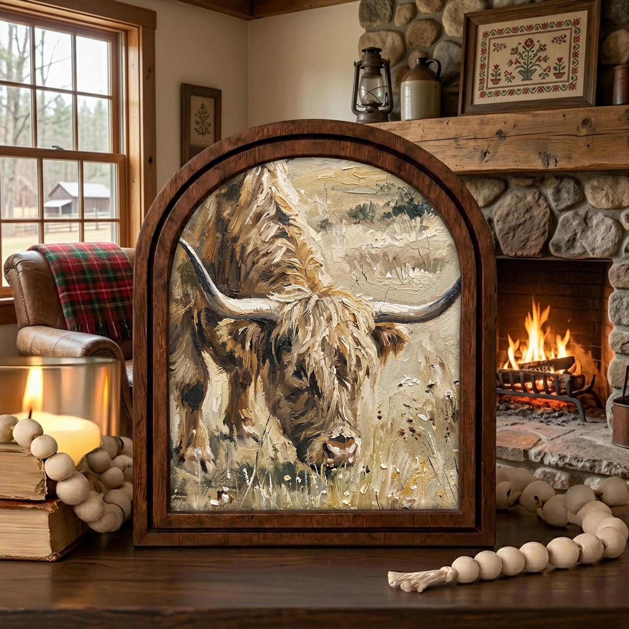 Arched Highland Cow Frame, Country Farmhouse Decor, Wooden Cattle Art, Rustic Wood Frame, Canvas Farm Art, 3D Layered Frame, Cow Lover Gift