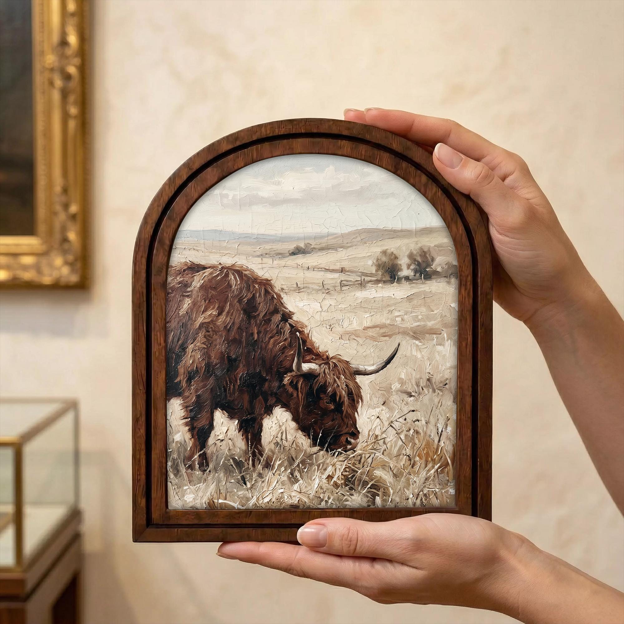 Arched Highland Cow Frame, Country Farmhouse Decor, Wooden Cattle Art, Rustic Wood Frame, Canvas Farm Art, 3D Layered Frame, Cow Lover Gift
