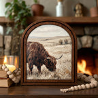 Arched Highland Cow Frame, Country Farmhouse Decor, Wooden Cattle Art, Rustic Wood Frame, Canvas Farm Art, 3D Layered Frame, Cow Lover Gift