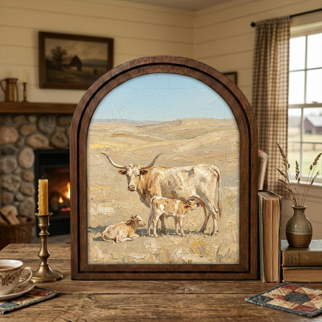 Arched Longhorn Frame, Country Farmhouse Decor, Wooden Cow Art, Rustic Wood Frame, Canvas Farm Art, 3D Layered Frame, Cow Lover Gift Decor