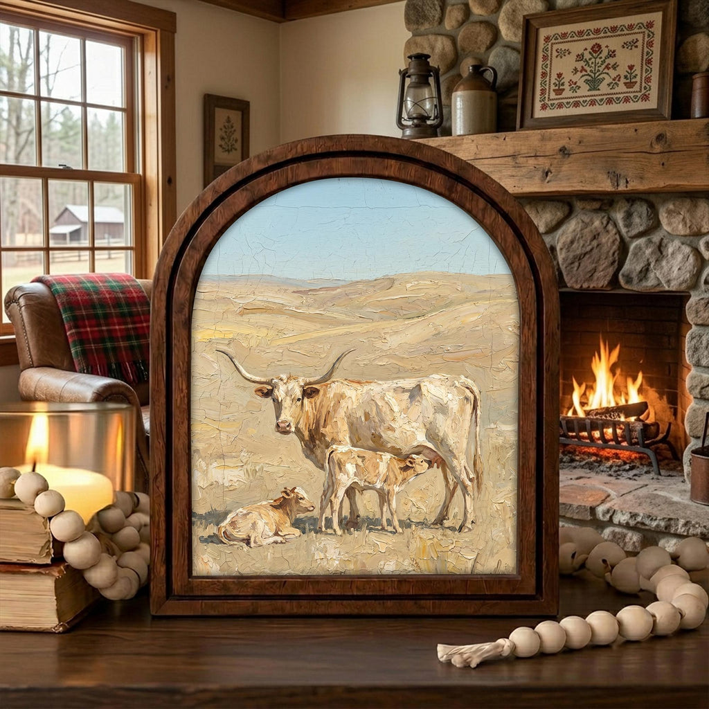 Arched Longhorn Frame, Country Farmhouse Decor, Wooden Cow Art, Rustic Wood Frame, Canvas Farm Art, 3D Layered Frame, Cow Lover Gift Decor