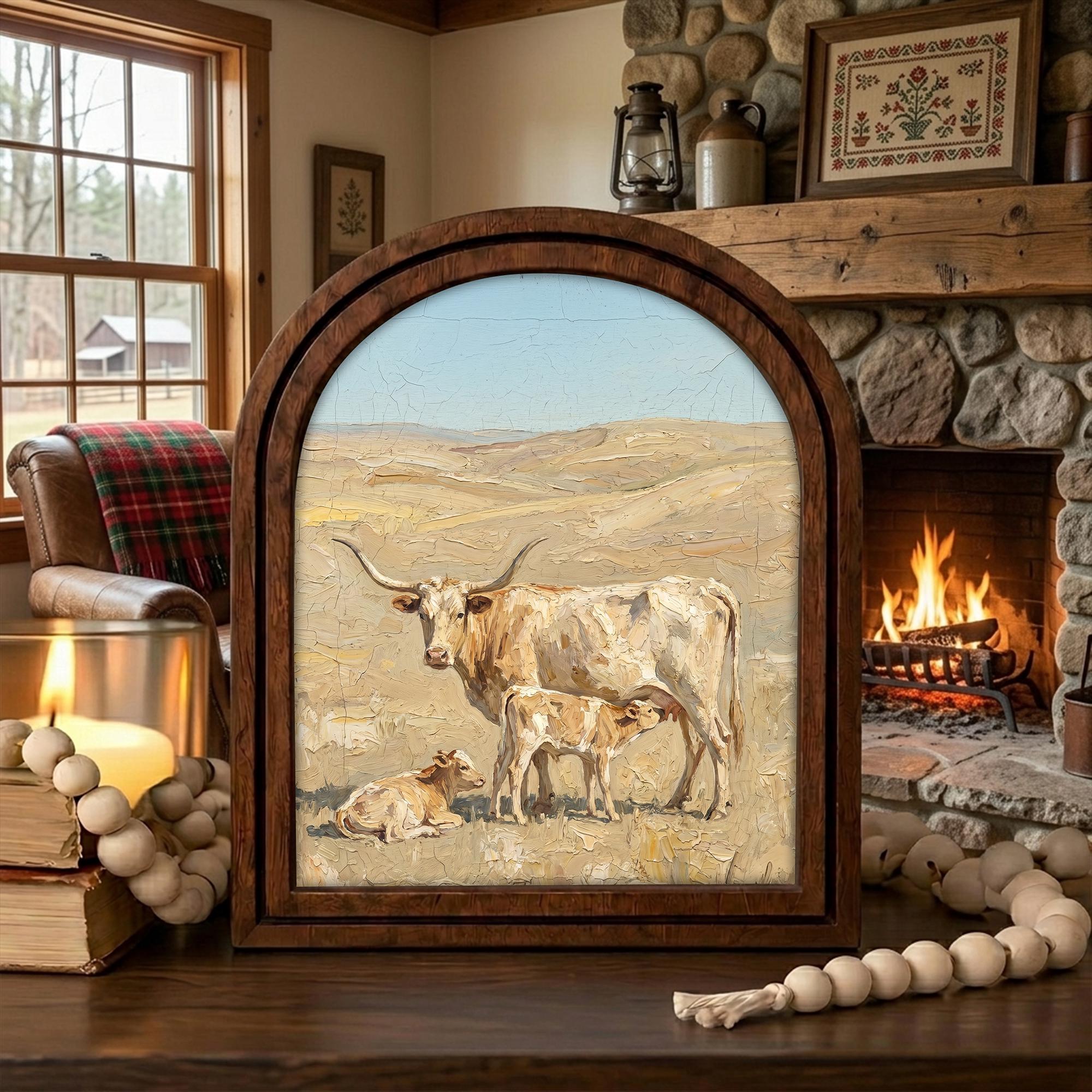Arched Longhorn Frame, Country Farmhouse Decor, Wooden Cow Art, Rustic Wood Frame, Canvas Farm Art, 3D Layered Frame, Cow Lover Gift Decor