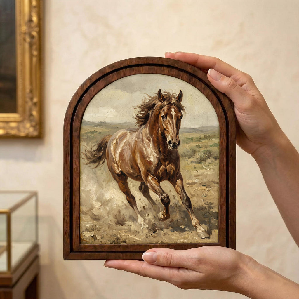 Arched Brown Horse Frame, Country Farmhouse Decor, Running Horse Art, Rustic Wood Frame, Canvas Farm Art, 3D Layered Frame, Horse Lover Gift