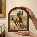 Arched Brown Horse Frame, Country Farmhouse Decor, Running Horse Art, Rustic Wood Frame, Canvas Farm Art, 3D Layered Frame, Horse Lover Gift