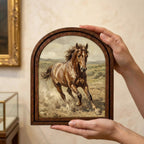 Arched Brown Horse Frame, Country Farmhouse Decor, Running Horse Art, Rustic Wood Frame, Canvas Farm Art, 3D Layered Frame, Horse Lover Gift