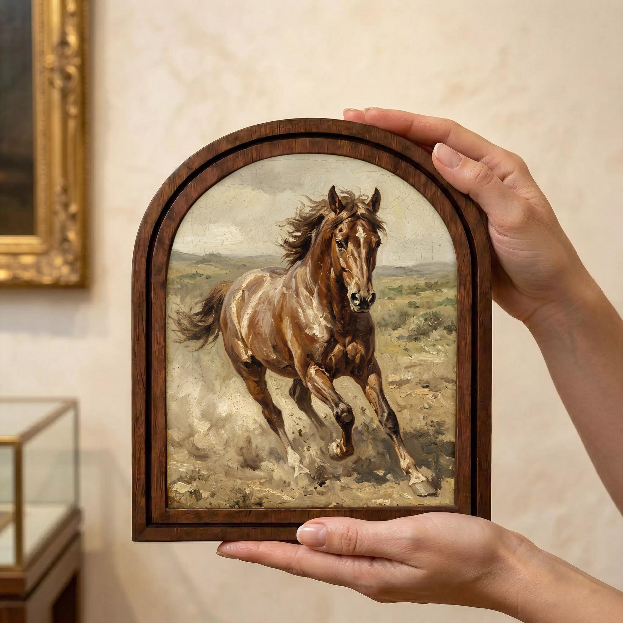 Arched Brown Horse Frame, Country Farmhouse Decor, Running Horse Art, Rustic Wood Frame, Canvas Farm Art, 3D Layered Frame, Horse Lover Gift