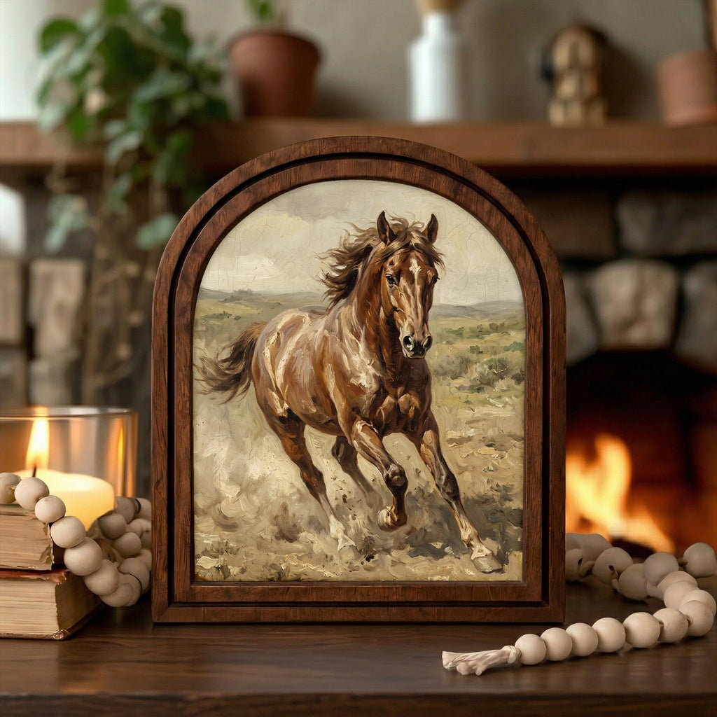 Arched Brown Horse Frame, Country Farmhouse Decor, Running Horse Art, Rustic Wood Frame, Canvas Farm Art, 3D Layered Frame, Horse Lover Gift